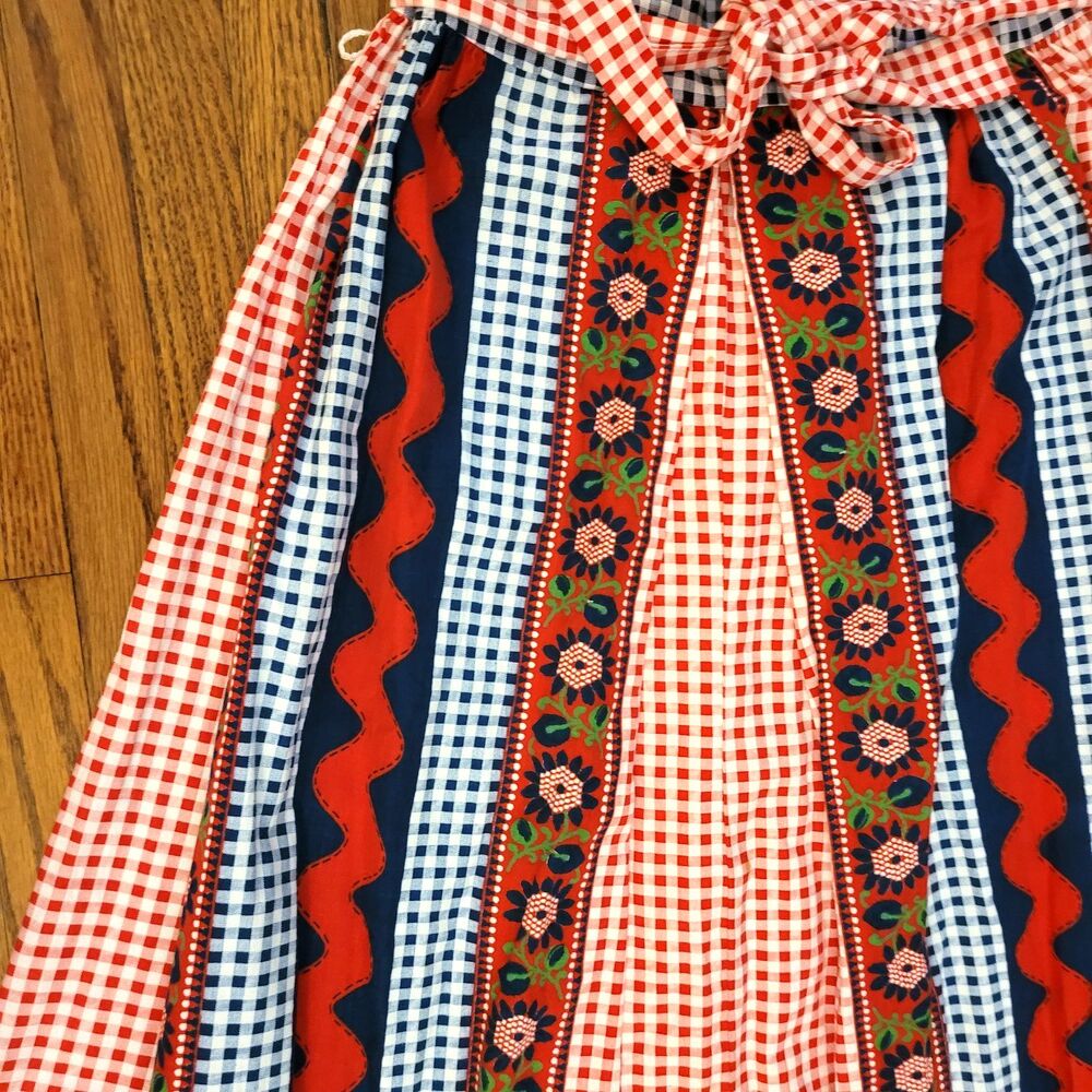 VTG 70s Red White Blue Bicentennial Maxi Dress Gingham floral Boho Hostess S M - Picture 3 of 10